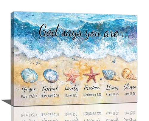 Beach Ocean Wall Art Christian Coastal Pictures Wall Decor Religious God Says You Are Canvas Prints Shells Starfish Painting Framed Modern Artwork for Bathroom Bedroom Living Room Office 16"x12" - color: Shellfish, size: 16"L x 12"W