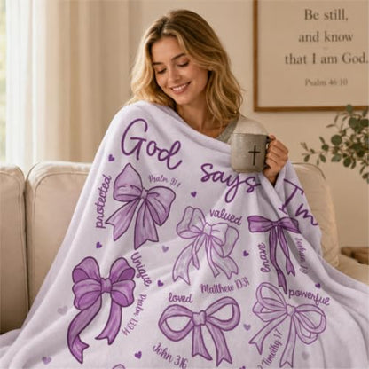 Purple Bow Christian Throw Blanket, Religious Flannel Blanket Gift - color: Purple Bow