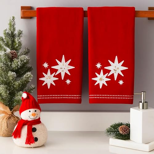 Serafina Home Christmas Bath Hand Towels, Stars with Sequins, Cotton, Red, 16" x 25", Set of 2 - color: Organza Stars