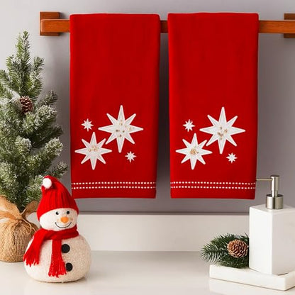 Serafina Home Christmas Bath Hand Towels, Stars with Sequins, Cotton, Red, 16" x 25", Set of 2 - color: Organza Stars