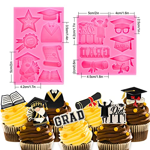 Whaline 2Pcs Congrats 2026 Graduation Fondant Molds Grad Theme 3D Silicone Moulds Bachelors Cap Scroll Resin Molds Graduation Uniform Cupcake Cookie Baking Moulds for 2026 Graduation Party DIY Candy - style: Graduation