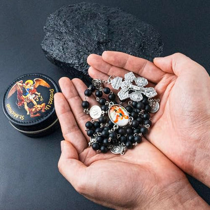 St. Michael the Archangel Catholic Rosary Necklace for Men, 8MM Black Hematite Prayer Beads Packed in Travel Jewelry Box, Rosary Beads Catholic Saints Gifts for Men - color: Black Agate