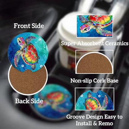 Ceramic Car Cup Coasters 2PCS - Colorful Sea Turtle - color: Colorful Sea Turtle