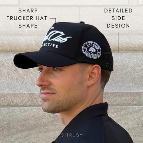 CITRUSY Athletic Trucker Golf Hat | Performance Mens 5 Panel Cap | Cool Breathable Waterproof Workout Running Snapback - color: Dad Club | Solid Black