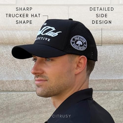 CITRUSY Athletic Trucker Golf Hat | Performance Mens 5 Panel Cap | Cool Breathable Waterproof Workout Running Snapback - color: Dad Club | Solid Black
