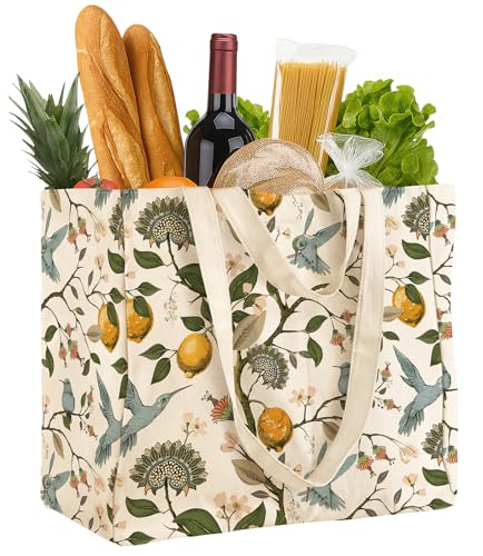 Miss Adola Extra Large Canvas Grocery Tote Bag - color: Lemon & Birds