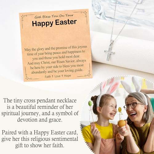 Cross Necklace for Girls Women, Baptism Easter First Communion Confirmation Gifts - 16"+2" Silver Plated Tiny Cross Necklace, Religious Jewelry Gifts for Daughter Granddaughter Goddaughter - style: Happy Easter
