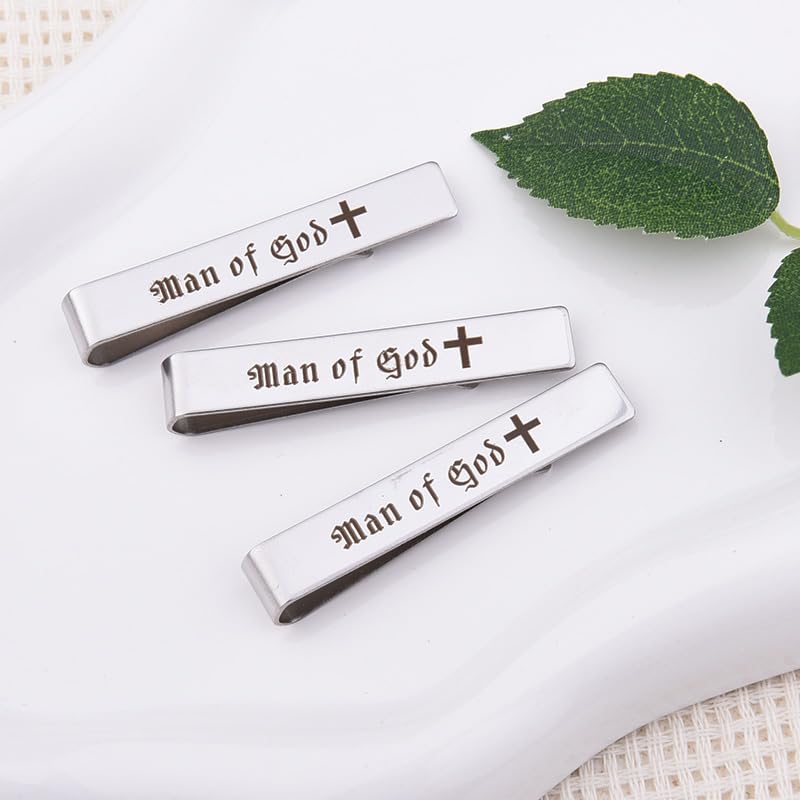 Man Of God Tie Clips 3 Set - Godfather Godson Christmas Engraved Gifts for Men Son Husband Dad Birthday Gifts from Wife - style: silver 3 pcs