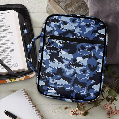 Coldinair Camouflage Shark Bible Cover for Men Large Bible Case Scripture Study Carrying Book Cover Church Bag Protective with Handle and Zippered Pocket - color: Camouflage Shark