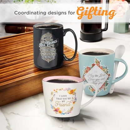 Christian Art Gifts Scripture Coffee and Tea Mug with Ceramic Spoon Set - color: Bless You/Teal
