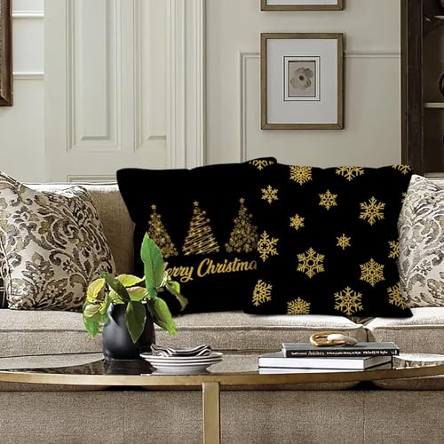 Black and Gold Christmas Throw Pillow Covers 18x18 Set of 2, Black Gold Christmas Tree Snowflake Decorative Decorations Pillow Covers for Home Bedroom Couch - color: Black and Gold