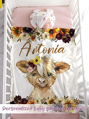 Personalized Baby Blanket for Girls, Custom Baby Blanket with Name Super Soft Personalized Name Blankets for Kids, Custom Cow Blanket for Infant Toddler, Baby Blankets for Birthday - color: Flower Cow