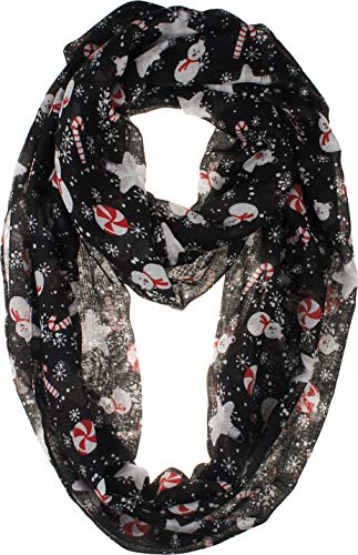 VIVIAN & VINCENT Gift Wrapped Fall Winter Soft Lightweight Sheer Holiday Infinity Christmas Scarf for Women - color: Xmas Black Snowman & Candy Cane Infinity