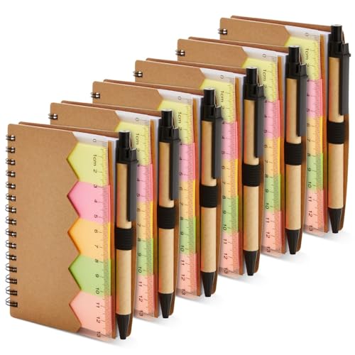 Juvale School Supplies Pocket Notebook & Pen - 4 x 5.5 in, Brown Cover, 6-Pack - Lined Mini Notepad Spiral Journal with Elastic Pen Holder - 65 Tabs & Ruler Sheet