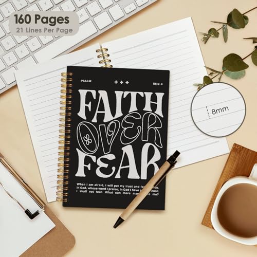 Wheatwin Faith Over Fear Christian Notebook, Bible Journal, Prayer Journal for Women & Men, Church Notes Journal, Scripture Hardcover Spiral Notebook 5.5x8.3 in - Black - color: Faith over fear - Black (bible-black)