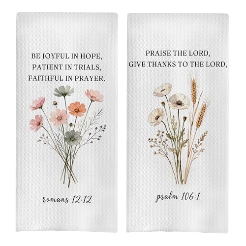 Floral Christian Kitchen Decor Set - Christian Gifts Polyester Waffle Decorative Dish Towels, Bible Verse Gifts Hand Towels for Bathroom Decor, Religious Tea Towel, 16x24 Set of 2 - color: Christian Kitchen Towels-12