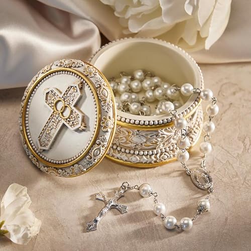 Christian Brands Catholic Wedding Rosary Box - Double-Ring Cross with Gold, 3.5", White
