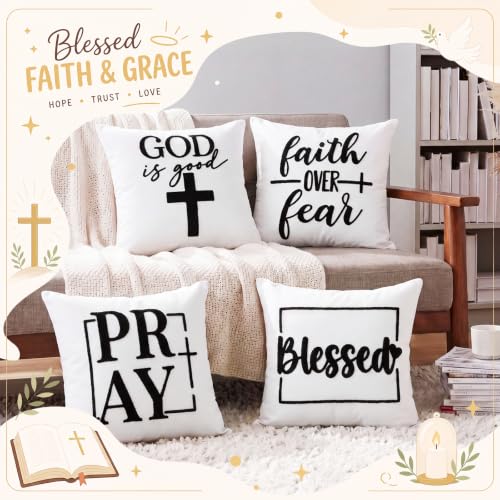 Mixweer 4 Pcs Christian Pillow Covers Set, 18 x 18 Inch Embroidered Bible Verse Pillow Cases, Religious Square Throw Cushion Cover for Couch Sofa Bed Home Christmas Decoration - style: Christmas