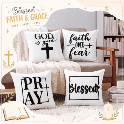 Mixweer 4 Pcs Christian Pillow Covers Set, 18 x 18 Inch Embroidered Bible Verse Pillow Cases, Religious Square Throw Cushion Cover for Couch Sofa Bed Home Christmas Decoration - style: Christmas
