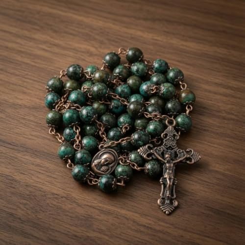 Nazareth Store Vintage Design Rosary Natural Jasper Stone Beads Necklace Holy Soil Medal & Cross Crucifix Religious Rosaries Terra Santa Jerusalem Collection