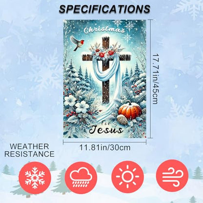 IVN Christmas For Jesus Garden Flag 12x18 Inch Double Sided - color: Snowy Cross Jesus