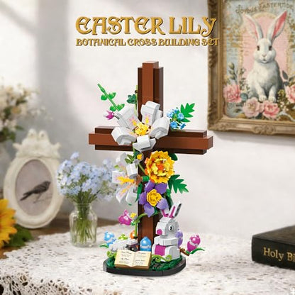 HiDectee Cross Flower Building Set for Kids and Children, 694PCS Jesus Botanical Lily Cross with Bible Base & Spring Garden - Religious Christian Faith Gifts for Mom & Grandma - Spiritual Home Decor