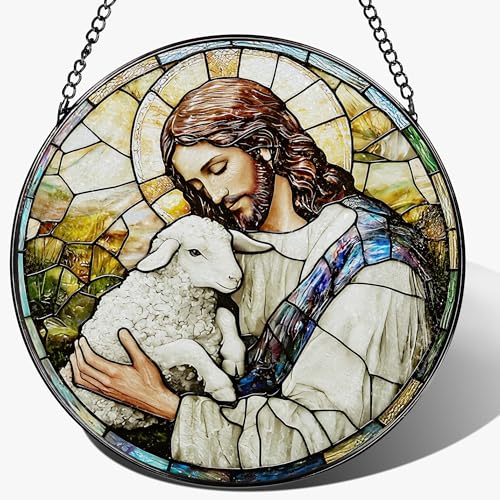 8 Inches Jesus Holding Lamb Painted Stained Glass Suncatcher, Christian Ornament, Window Hanging Decor, Christmas Decor, Christian Gift, Religious Gift, Gifts for Christmas - color: Jesus-e