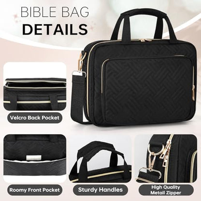 Bible Cover Case for Women Bible Study Supplies Christian Gifts for Women Church Camp Essentials Christian Bible Journaling Kit Quilted Large Bible Cover with Durable Handle (Black, Large) - color: Black