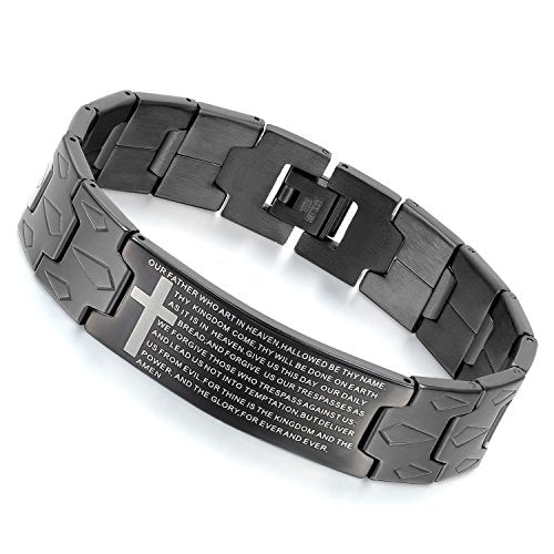 Flongo Men's Vintage Stainless Steel Black Cross English Bible Lords Prayer Link Wrist Bracelet For Men Christmas Gifts - color: black,cross,8.3inches