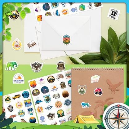 LINAYE 24 Sheets Travel Camping Stickers for Adults Kids, 960 PCS Nature Camp Stickers Waterproof Self Adhesive for Travel Bags Water Bottles, Camping Party Favors Supplies Rewards for Classroom - style: Camping 24 Sheets