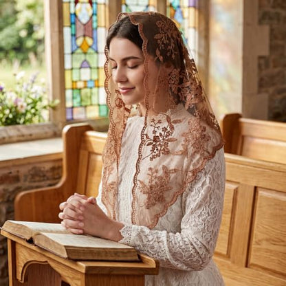 Lystaii Triangle Lace Mantilla Veil Catholic Chapel Head Covering Scarf - color: Brown
