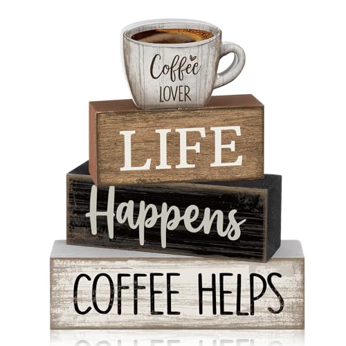 Moucuny 4 Pcs Wooden Coffee Bar Signs Farmhouse Table Decor Blocks - style: Coffee Lover