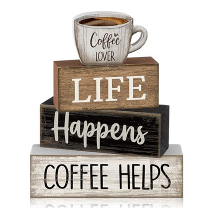 Moucuny 4 Pcs Wooden Coffee Bar Signs Farmhouse Table Decor Blocks - style: Coffee Lover