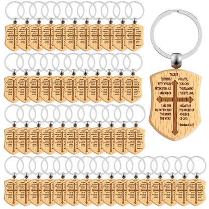 Nosiny 30/50 Pcs Christian Wooden Keychains for Men Bible Verse Shield Keychain Religious Faith Gifts Bulk for Dad Pastor