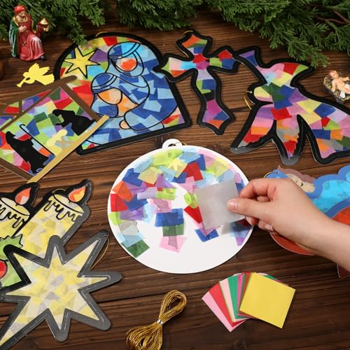 DoubleFill 48 Pcs Christmas Nativity Suncatchers Craft Kits Tissue Paper - style: Christmas Nativity