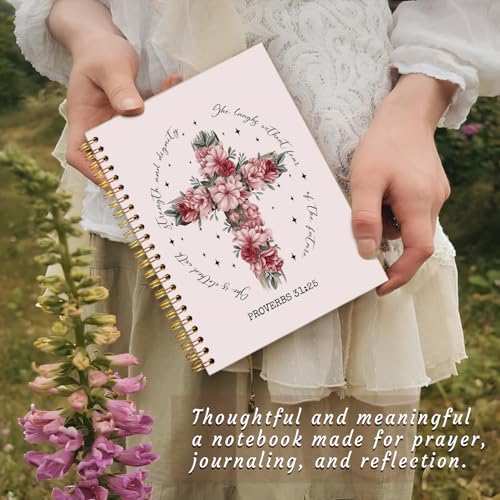 Pink Inspirational Christian Notebook Journal, Proverbs 31:25 Bible Verse Floral Journal for Women, Bible Journaling Supplies, Flower Cross Scripture Spiral Notebook 5.5x8.3 Inch - color: Proverbs 31:25-Flower Pink