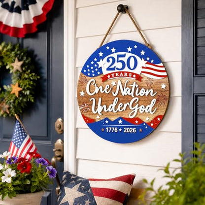 JarThenaAMCS 250th Anniversary Welcome Door Sign Patriotic 3D Wooden Hanging Sign American Flag Fireworks Round Door Hanger for 4th of July Independence Memorial Day Home Wall Decorations, 12 Inch - style: American Flag