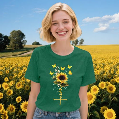 Womens Christian Shirts Faith Cross Sunflower Butterfly T-Shirt Bible Verse Religious Tee Tops - color: Green, size: Large