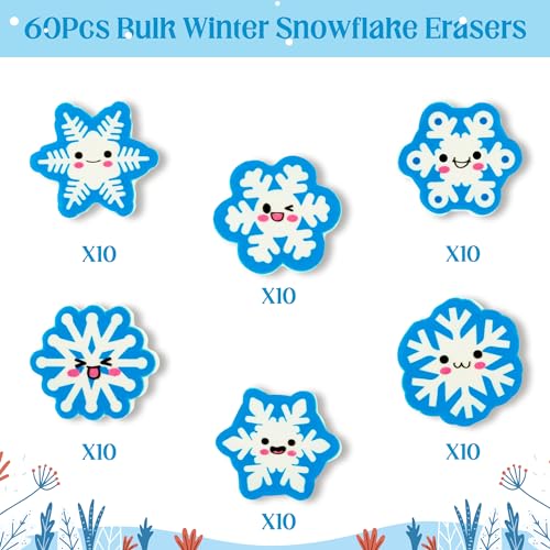 ANGOLIO 60 Pcs Winter Snowflake Mini Erasers for Kids Assortment Xmas Mini Pencil Erasers Christmas Snowflake Erasers for School Student Xmas Gift Party Favors Homework Reward Classroom Prizes Gift - style: Snowflake