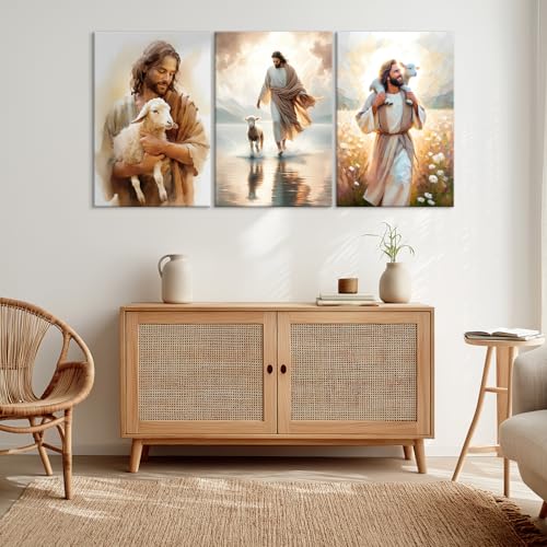 Set of 3 Framed Canvas Wall Art Jesus Saves The Lost Lamb & Jesus Walking On Water Religious Artwork Christian Wall Decor Painting HD Print Poster for Bedroom Living Room Church 24x36inch - color: Jesus01, size: 36L" x 24W"