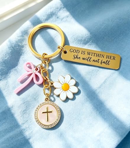 Christian Gifts Inspirational Bible Verse Religious Cross Keychain - color: Gold-1