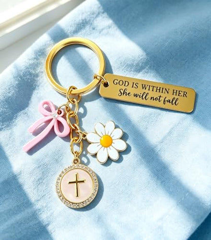 Christian Gifts Inspirational Bible Verse Religious Cross Keychain - color: Gold-1