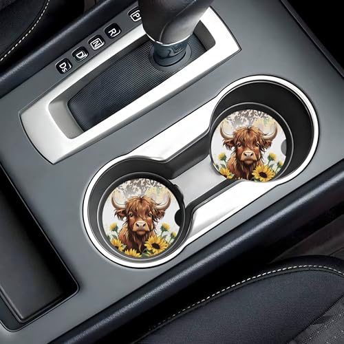 Highland Cow Car Cup Holder Coasters 2 Pack 2.63" for Women - color: Yellow