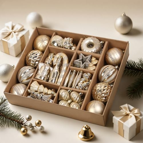 SHareconn 70pcs 2025 Classic Christmas Balls Ornaments Set, Shatterproof Plastic Baubles, Ribbon and Tree Topper for Xmas Tree Holiday Wedding Party Decorations with Hanging Strings, Champagne Gold - color: Black, Champagne Gold