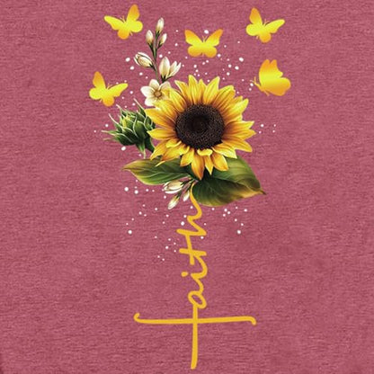 Womens Christian Shirts Faith Cross Sunflower Butterfly T-Shirt Bible Verse Religious Tee Tops - color: Pink, size: XX-Large