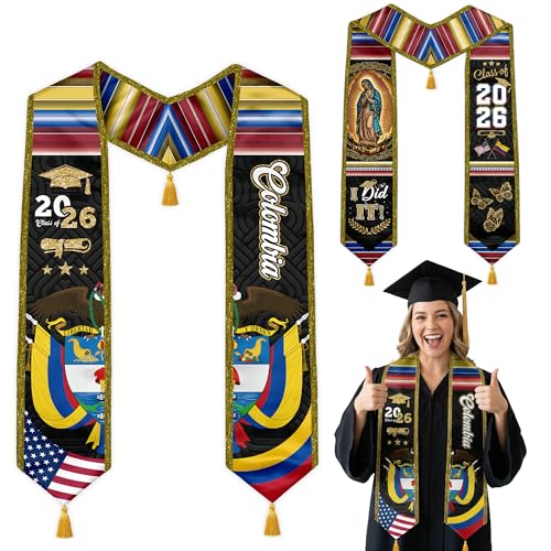 Graduation Stole Class of 2026 Reversible Sash with Gold Glitter Trim and Tassels V-Neck 72 Inch Satin - color: Colombia & America