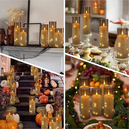 24-Pack Gray Flameless Candles with Remote Control, Battery-Powered LED Candles with Embedded Star String Lights & Realistic Flickering Flame. with Timer for Christmas, Home, Wedding, Fireplace Mantle - color: 24String-Grey