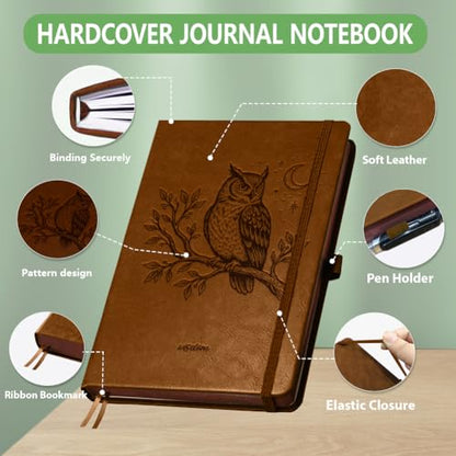 A5 Owl on Branch Leather Journal, 300 Pages Lined Notebook, Brown Vintage Pattern Hardcover Notebook for Travel Diary, Business, Work and School Daily Writing - style: Owl on Branch