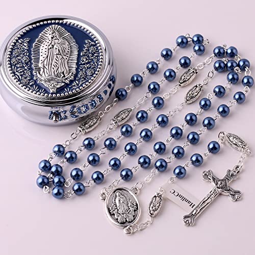 HanlinCC Guadalupe Catholic Rosary Glass Pearl Beads Necklace with Gift Box - color: Guadalupe Rosary Blue