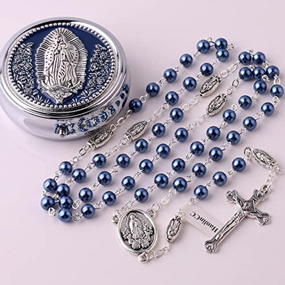 HanlinCC Guadalupe Catholic Rosary Glass Pearl Beads Necklace with Gift Box - color: Guadalupe Rosary Blue